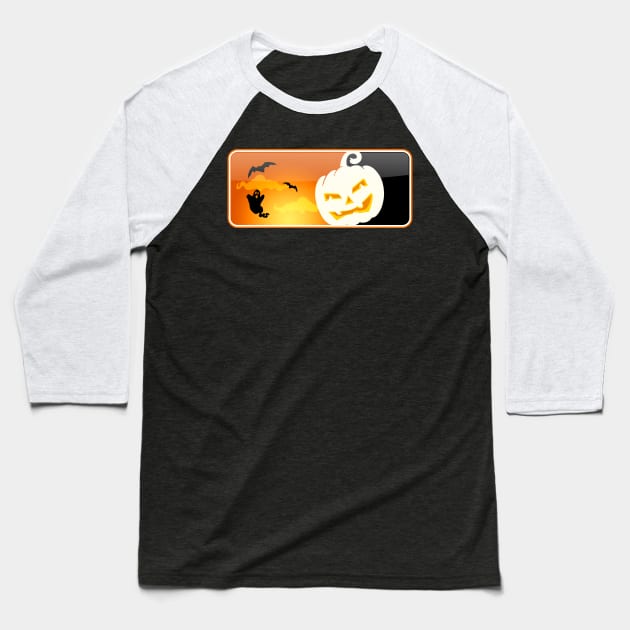 Happy Halloween Scary Pumpkin with Ghost and Bats Baseball T-Shirt by Citrus Canyon